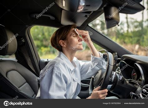 Woman Drives Car Broken Air Conditioning Hot Summer Weather Wipes Stock Photo Dimaberlin