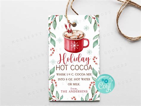 Printable Holiday Hot Cocoa Gift Tag Christmas Hot Chocolate Treat Tag Xmas Peppermint Hot