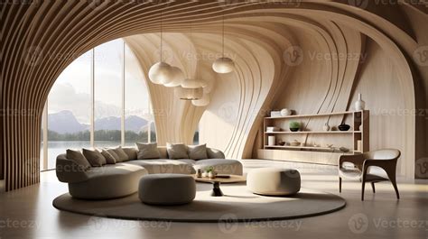 The interior design of the modern living room with abstract wooden