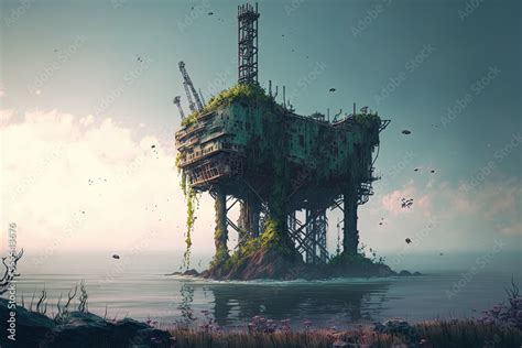 Abandoned Oil Rig In The Middle Of The Ocean Overgrown With Vegetation