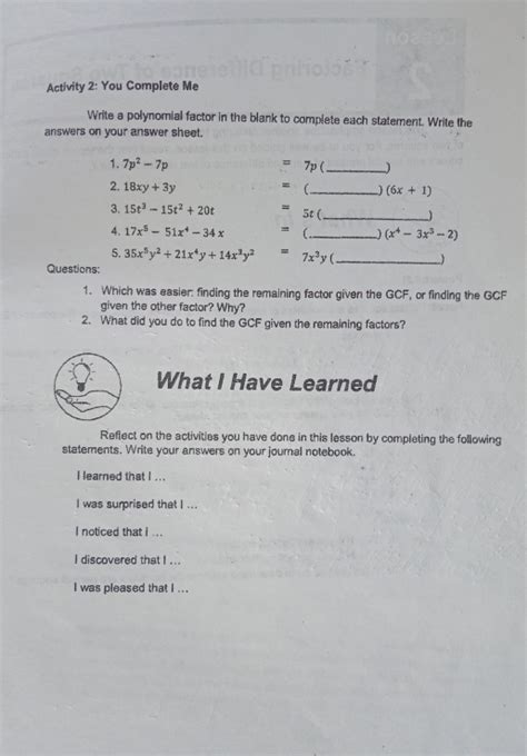 Solved Activity 2 You Complete Me Write A Polynomial Factor In The Blank To Complete Each