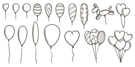 Hand Drawn Birthday Balloons Doodle Set Drawing On White Background