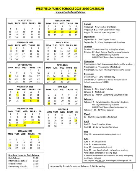 Westfield Public Schools Calendar 25-26 Revised [PDF] - EduCounty