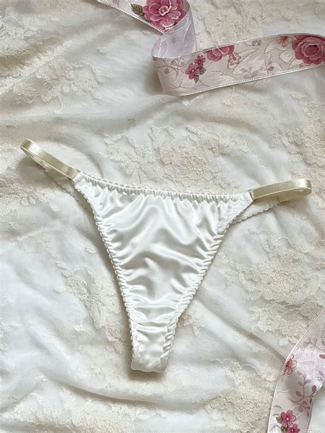 White Milky Satin Lace Thong Mid Rise Thong Retrouvaille Handmade Lingerie Etsy