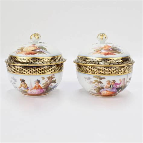 Pair Of Antique Meissen Porcelain Covered Tea Cups And Saucers 19th