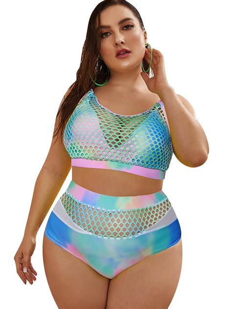 Floerns Women S Plus Size Bathing Suit Fishnet High Waist Bikini Set Rave Outfit Green Multi Xl
