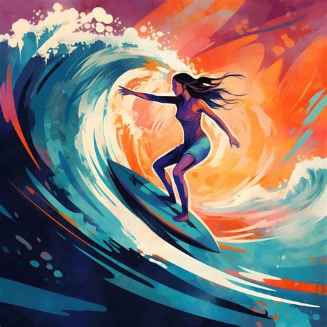 Premium Ai Image A Painting Of A Woman Surfing On A Wave