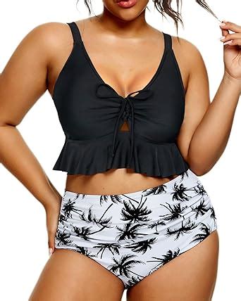 Daci Women Plus Size Two Piece Swimsuits High Waisted Bikini Set Ruffle Flounce Tummy Control