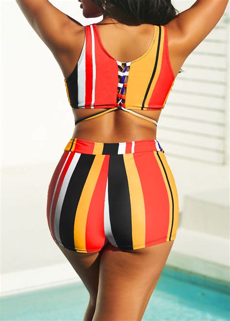 Stripe Print Multi Color High Waisted Bikini Set Rosewe Usd