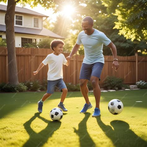 Un padre y un hijo jugando al fútbol con una pelota de fútbol | Foto