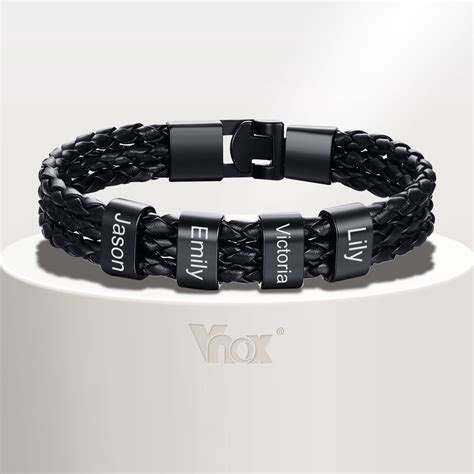 Vnox Pulseira Nome Personalizada Para Homens De Couro Preto Pu