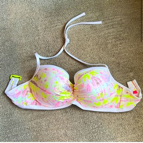 Victoria S Secret Swim Victorias Secret Swim Bikini White Yellow And Pink Palms Design Bra