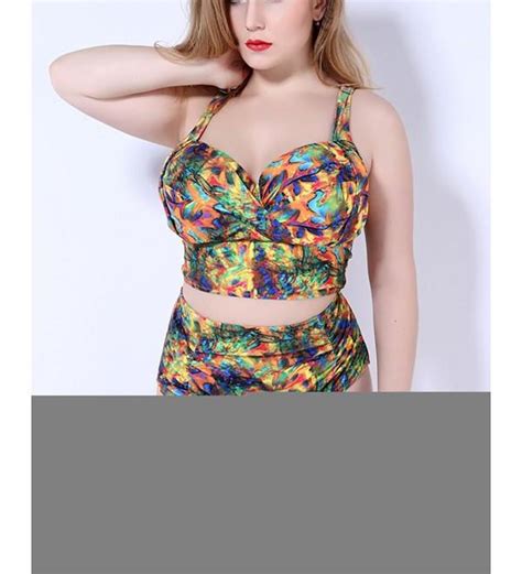 QZUinique Women S Plus Retro Vintage Print Mid Waist Pieces Bikini Set Swimsuit Swimwear