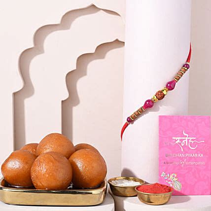 Online Sneh Elegant Rudraksha Rakhi Gulab Jamun Gift Delivery In UAE