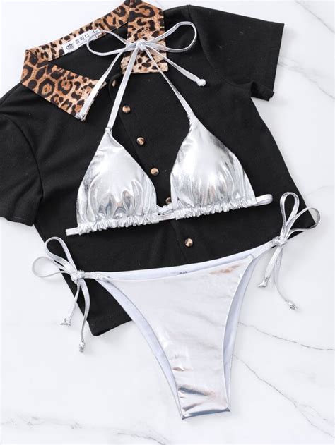 Shein Swim Y Glam Conjunto De Bikini Met Lico Sujetador Triangular Y