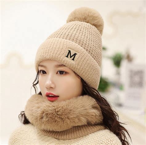 Buy 2pcs Scarf Hat Set Fashion Women Winter Warm Solid Pompoms Beanie