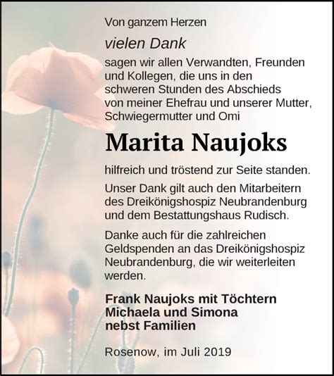 Traueranzeigen Von Marita Naujoks Trauer Nordkurier