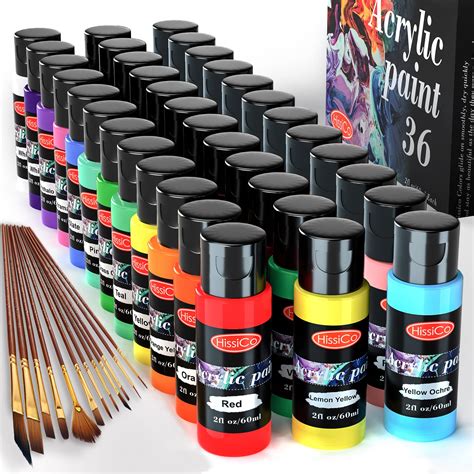 Acrylic Paint Set Of 36 Colors 2fl Oz 60ml Bottles With 12 Brushes Non