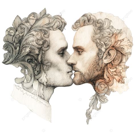 Cute Gay Couple Kissing Detailed Watercolour Pencil Drawing Clipart Clear Background Kisses