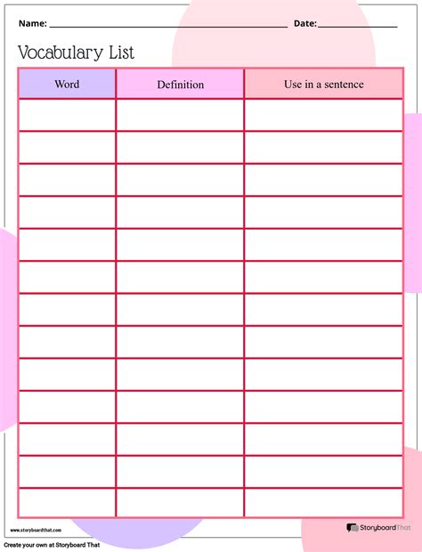 Free Printable Vocabulary Template