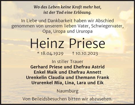 Traueranzeigen Von Heinz Priese Abschied Nehmen De