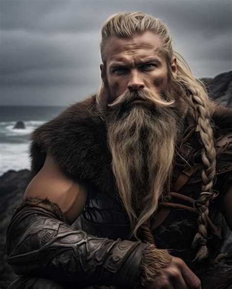 Blonde Viking Sitting On Stormy Beach Premium AI Generated Image