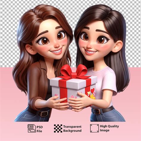 Premium PSD Psd Cute Lesbian Couple Of Girls Happily Giving Each Other Gifts On Valentines