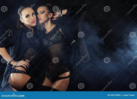 Two Dancing Woman In Black Lingerie Stock Image Image Of Costume