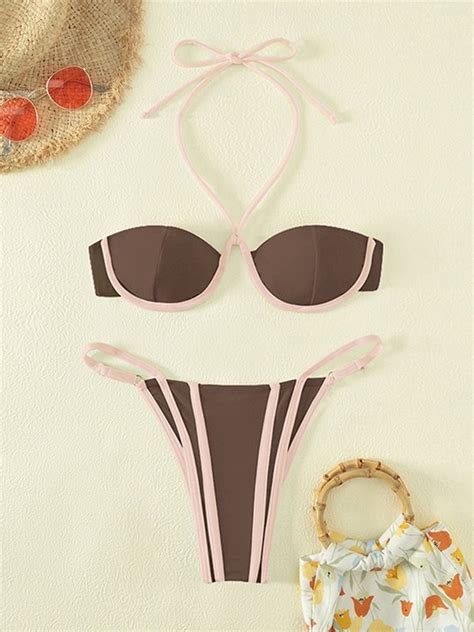 Emmiol Free Shipping 2025 Color Matching Sexy Bikini Set Coffee M In Bikini Sets Online Store