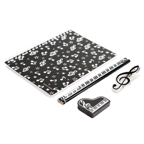 Stationery Set Notebook Black With White Notes Clefs Keyboard