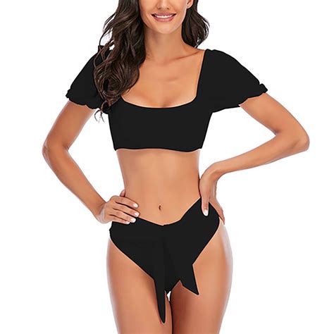 Lilgiuy Women S Swimwear Two Piece Bikini Set Puff Sleeves High Waist Swimsuit Charming Swimsuit