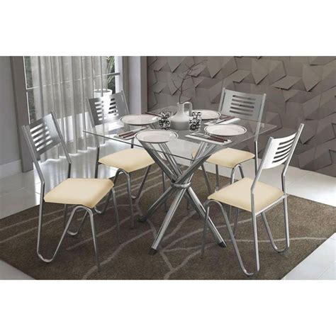 Conjunto Mesa de Cozinha Volga c Tampo de Vidro 90cm 4 Cadeiras Nápoles Cromada Nude