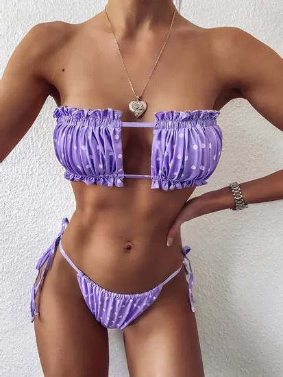 Womens Sexy Ruffle Swimsuit Tie Side Thong Bikini Set Bandeau Strapless Padded Bathing Suit
