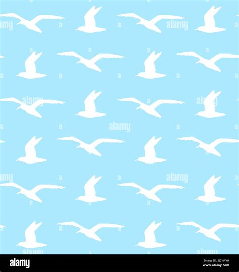 Vector Seamless Pattern Of White Flying Sea Gull Silhouette Isolated On