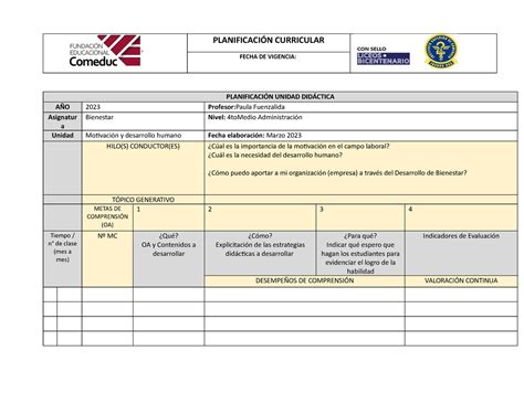 PlanificacióN Unidad DIDÁ Ctica PLANIFICACIÓN CURRICULAR FECHA DE