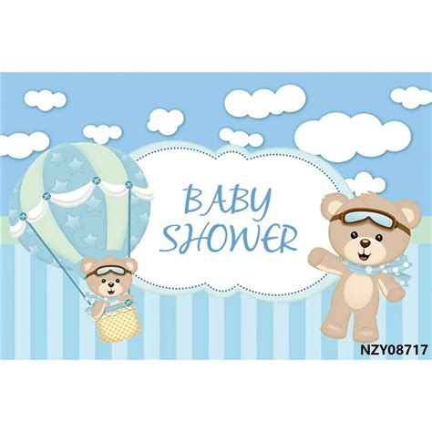 Baby Shower Backdrops Blue Sky White Clouds Bear Hot Air Balloon Stripes Customized Photography