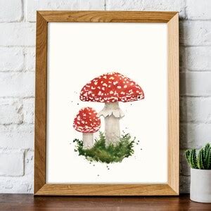 Red Toadstool Watercolor Painting Amanita Muscaria Fly Agaric Wall Art