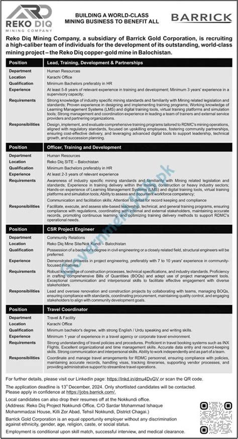 Latest Reko Diq Mining Company Barrick Gold Corporation Jobs 2024