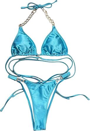 Amazon Shenhe Women S Satin Triangle Halter Thong Bikini Criss Cross String Tie Piece
