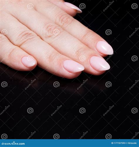 Women S Hands With Perfect Nude Manicure Nail Polish Is A Natural Pale Pink Shade Stock Image