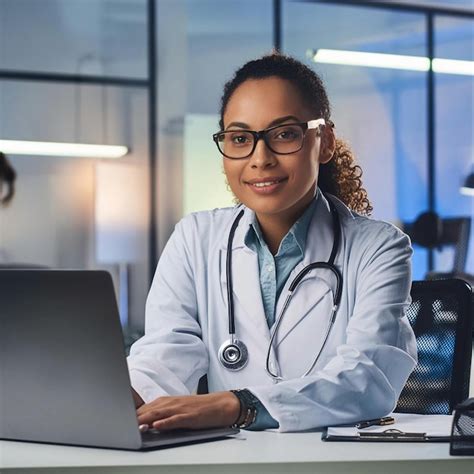 Premium Photo A Woman In A Lab Coat Sits At A Desk With A Laptop And