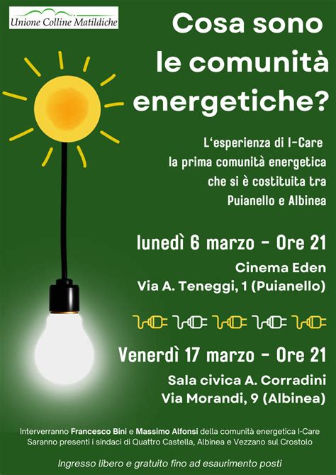 Cosa sono le comunità energetiche Il 6 e il 17 marzo due incontri per