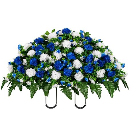 Blue And White Garden Mum Cemetery Saddle Artificial Mum Arrangement