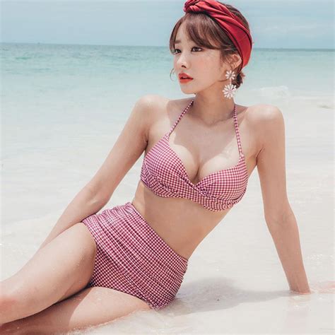 Fairy style ชดวายนำหญง ทพช เอวสง ลายสกอตสแดง เซกซ Sexy Bikini Two Pieces YM