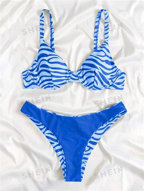 SHEIN Swim Mod Summer Beach Zebra Striped Bikini Set Wireless Underwire Top Cheeky Bottom