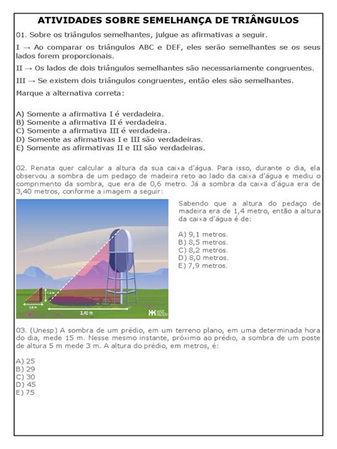 Atividades De Semelhança De Triangulos - Atividades de Semelhança de Triângulos | PDF | Triângulo | Geometria ...