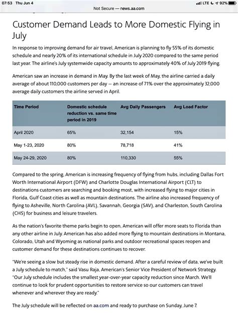 AA Announces Increased Flight Schedules (Published 7 Jun 2020