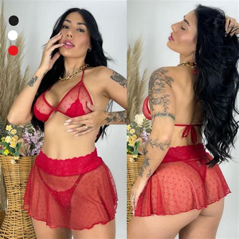 Conjunto Sexy Lingerie Feminino Sensual Fantasia Trio Saia Tule Sutiã Renda Calcinha Fio
