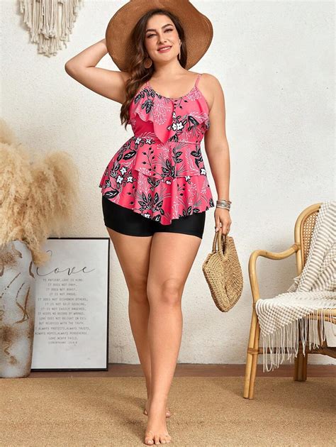 Shein Swim Lushore Conjunto De Tankini De Talla Grande Con Estampado Floral Ribete De Volantes