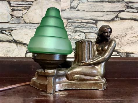 Vintage Art Deco Nude Lady Desk Lamp With Original Green Glass Bakelite Switch Roe Antiques